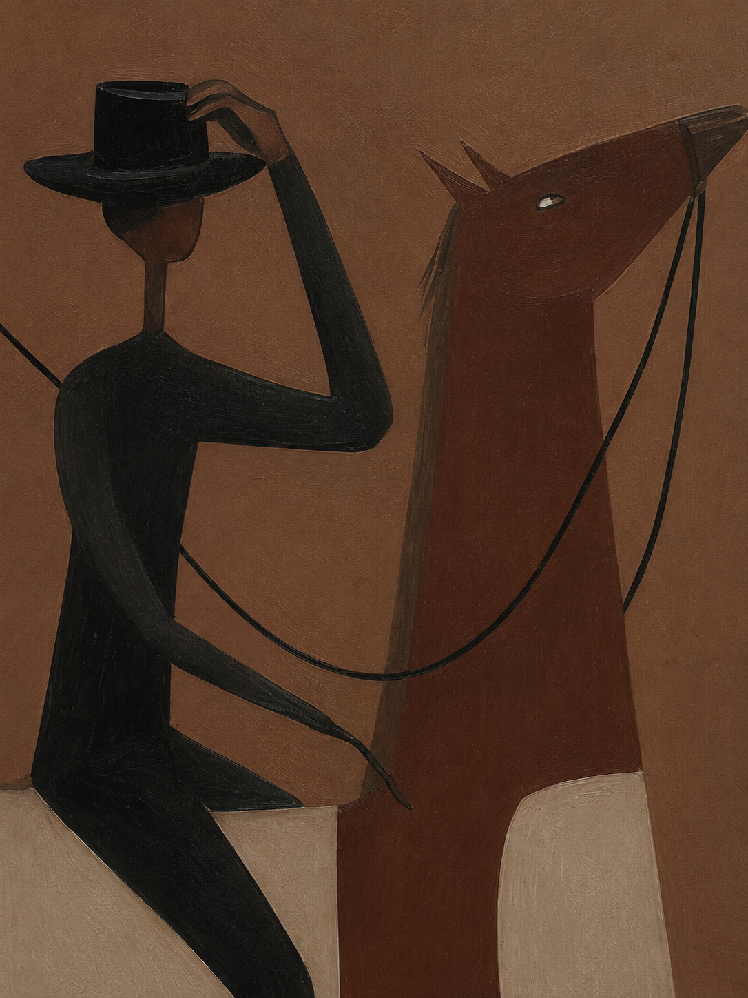 Minimalist Brown Horse Painting With Rider For Living Room Decor