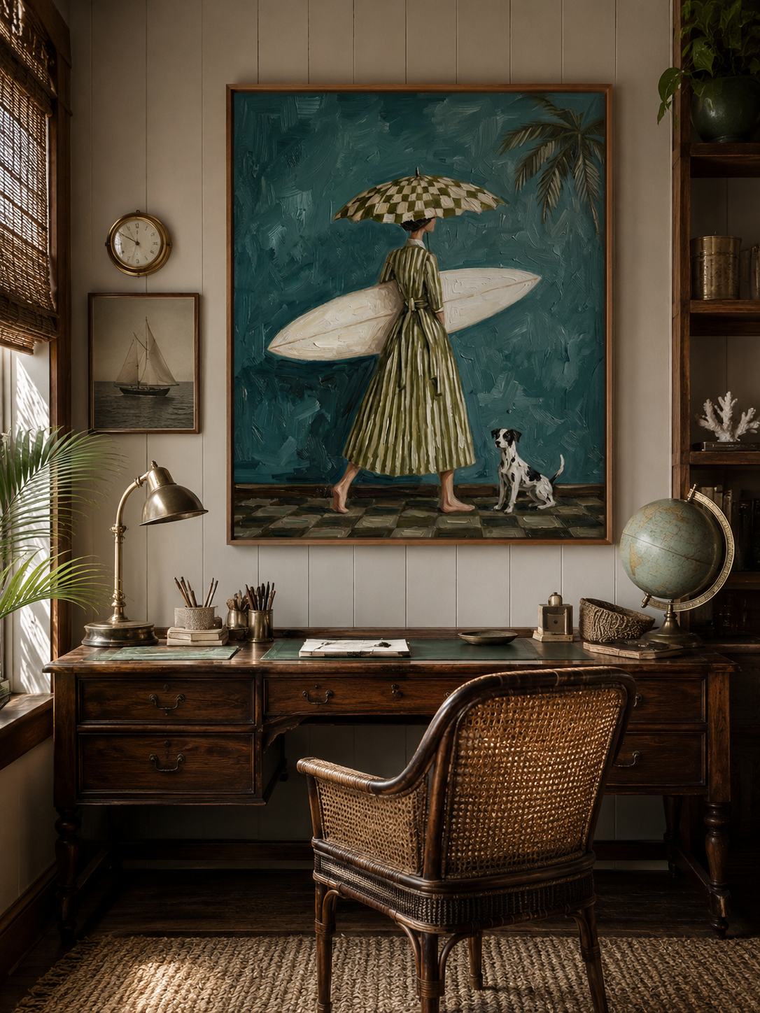 Vintage Surf Girl Oil Painting With Dog Textured Beach Wall Art For Living Room Decor
