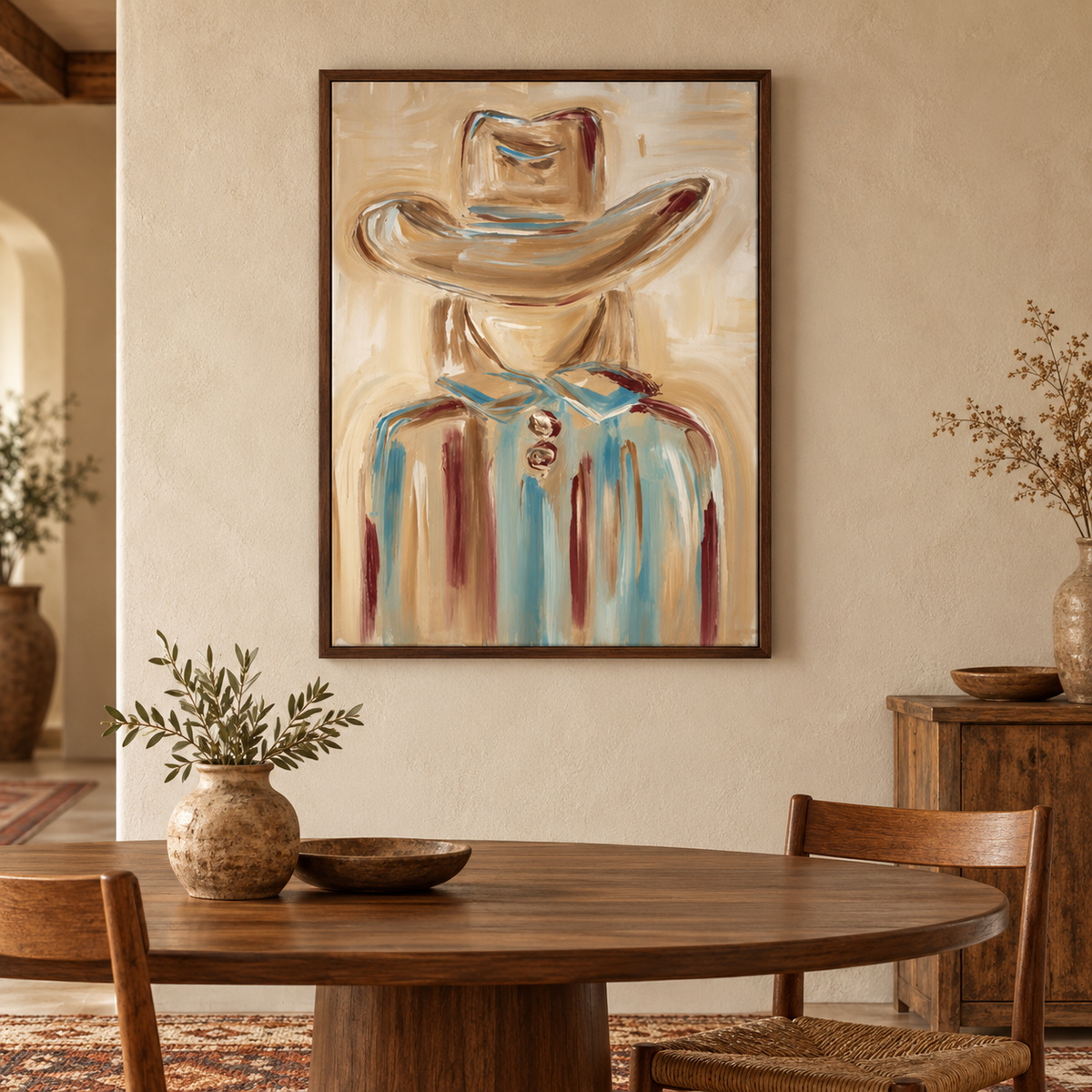 Cowgirl Portrait Canvas Painting Hand-Painted Wall Art In Blue And Beige