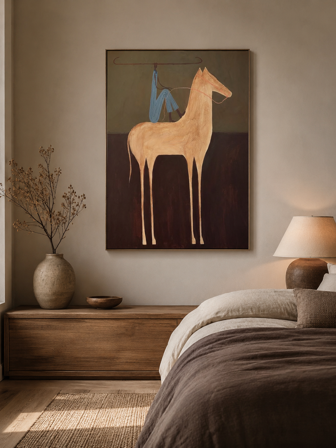 Minimalist Retro Horse Painting With Blue Figure For Modern Home Decor