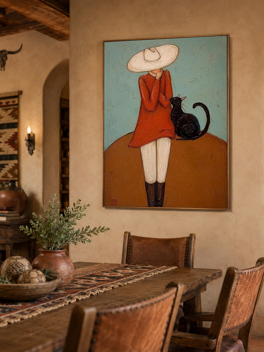 Vintage Lady With Black Cat Painting Textured Wabi Sabi Wall Art For Living Room Decor