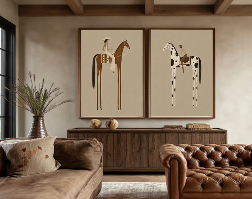 Vintage Beige Horse Painting Set Of Two For Modern Living Room Wall Decor