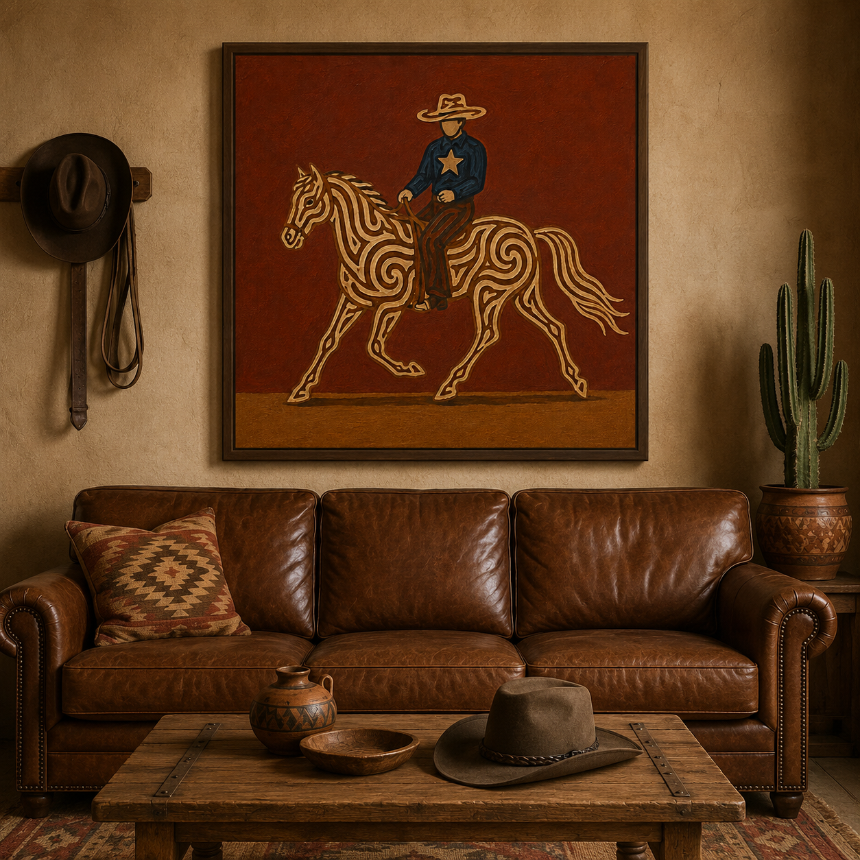 Cowboy Riding Horse Art , Western Ranch Horse Painting, Classic Cowboy Wall For Living Room Decor