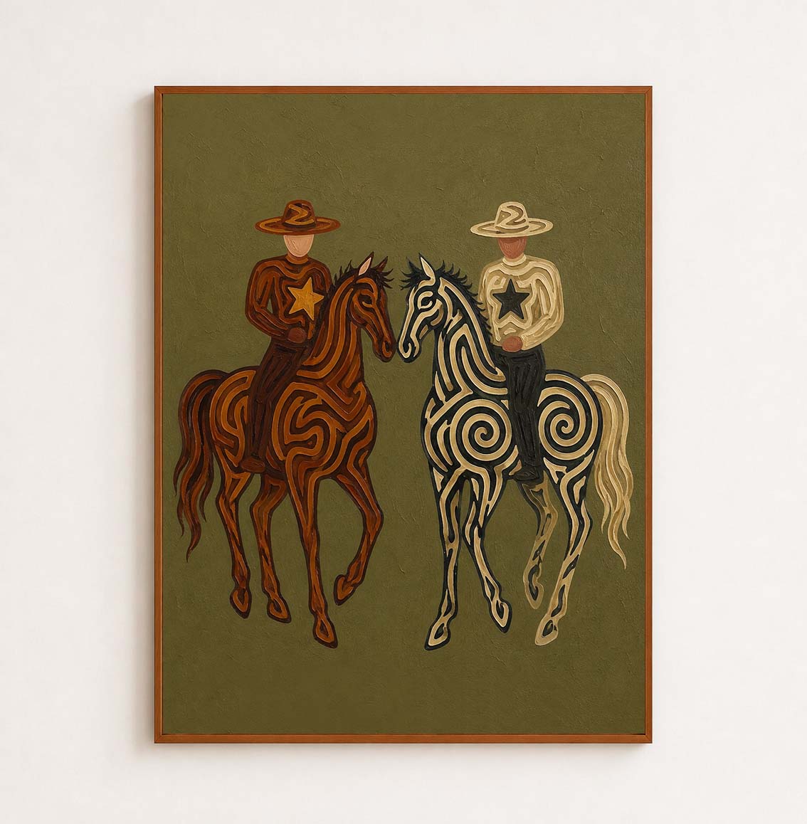 Hand-Painted Cowboy And Horse Canvas Art In Olive Green For Vintage Western Decor