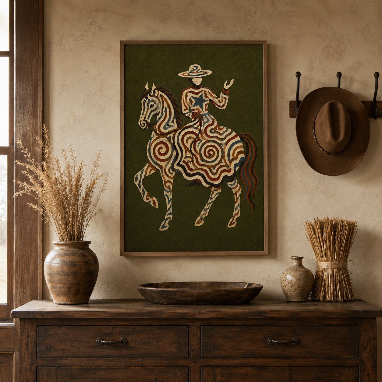 Vintage Cowgirl And Horse Painting Olive Green Wall Art For Living Room Decor