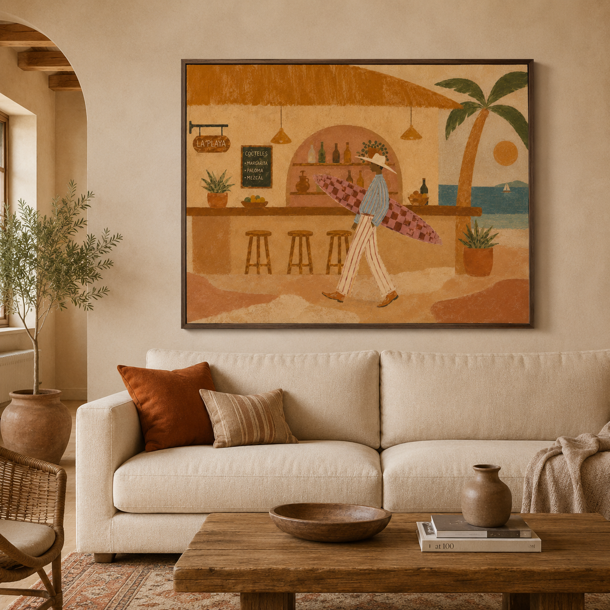Surfer Man Oil Painting, Beach Bar Wall Art, Retro Coastal Surf Decor Beach House Decor