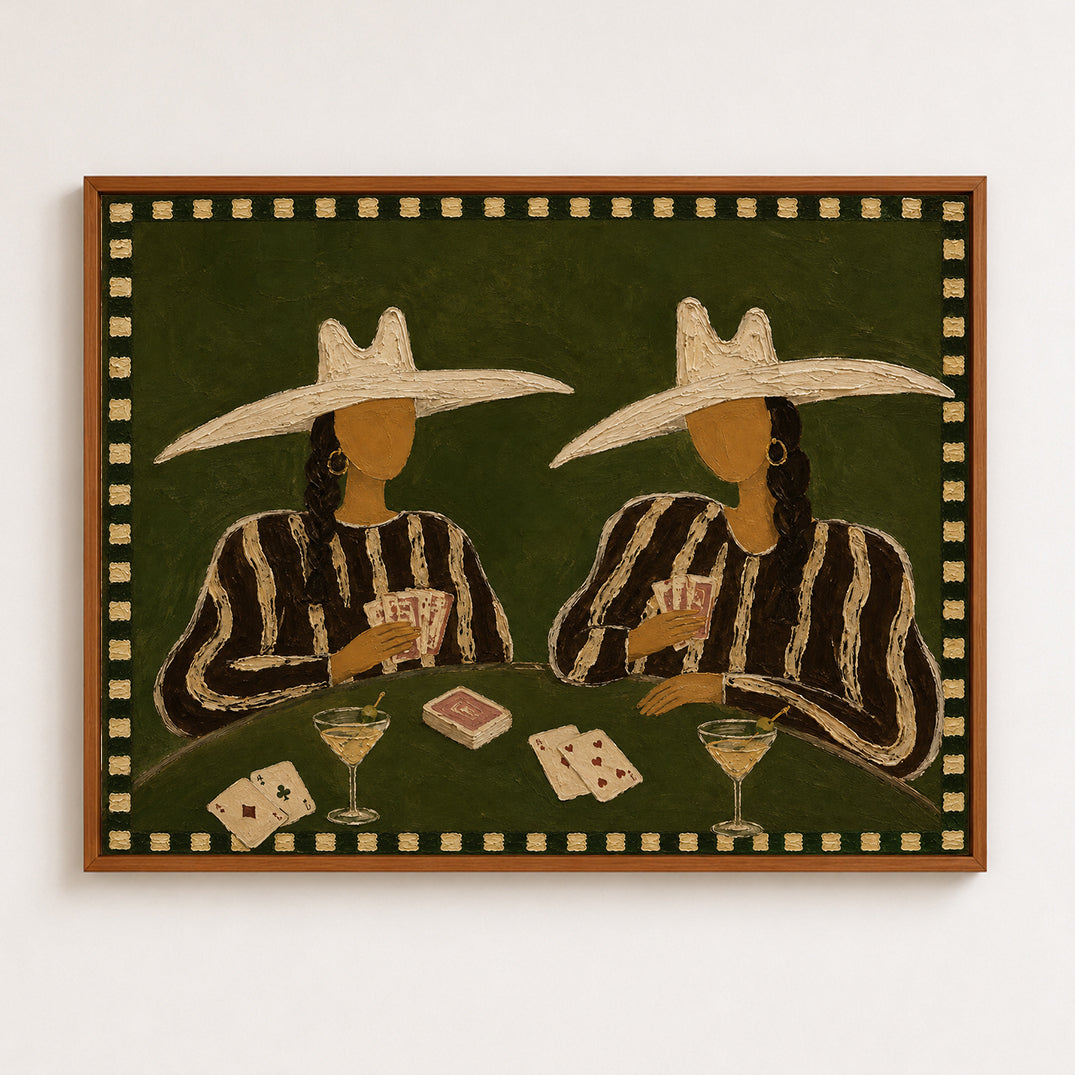 Cowgirl Poker Painting, Western Casino Wall Art With Cocktails, Dark Green Game Room Decor