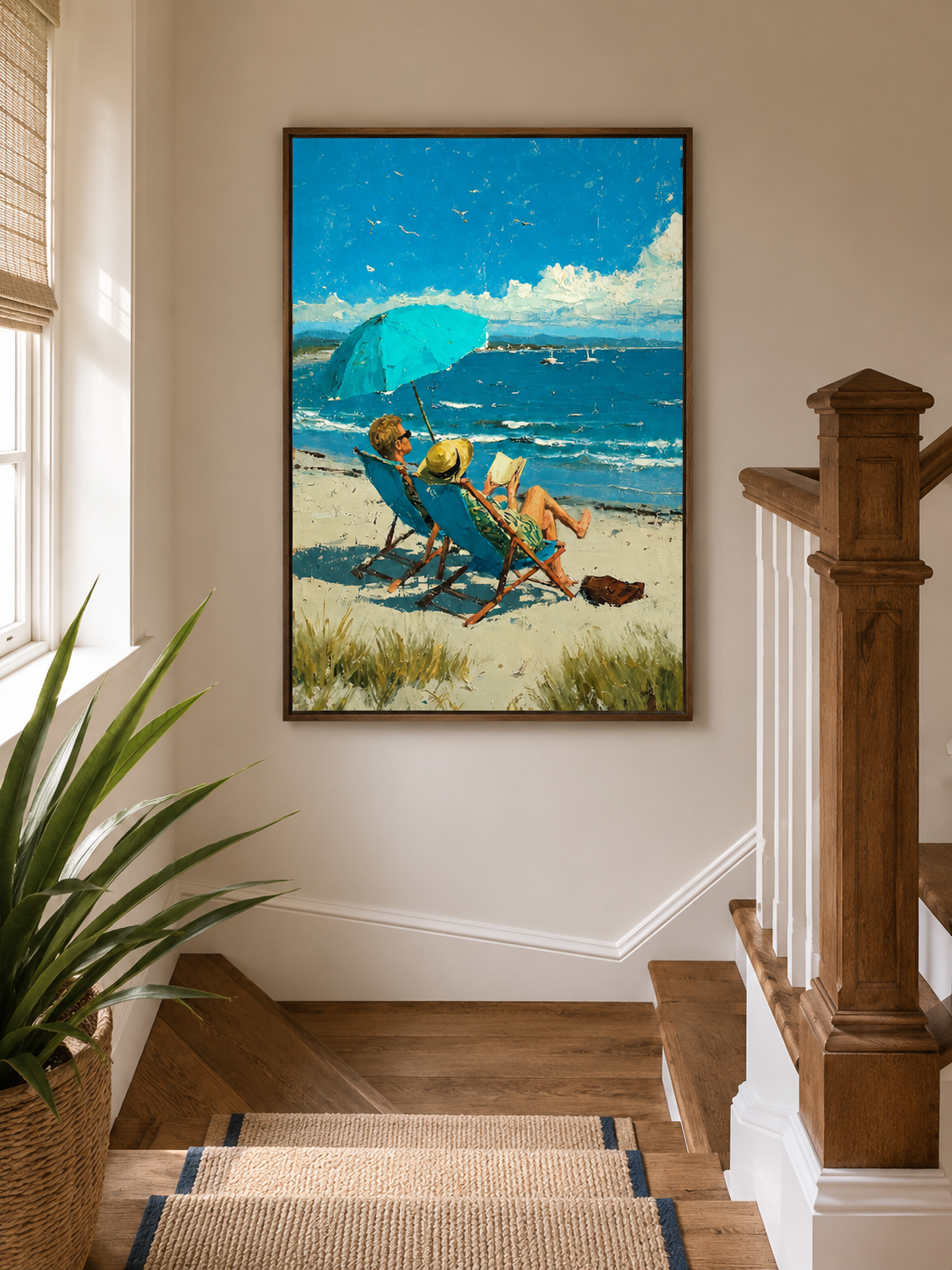 Original Beach Scene Oil Painting With Blue Sea And Umbrella For Coastal Living Room Wall Decor