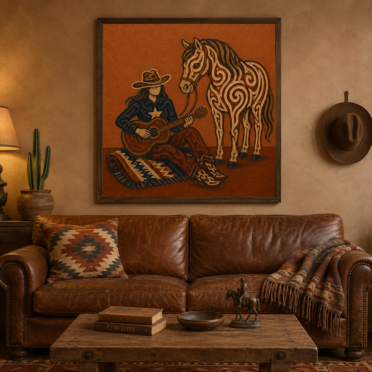Cowgirl With Horse Guitar Art, Western Music And Horse Painting, Rustic Ranch Style For Living Room Decor