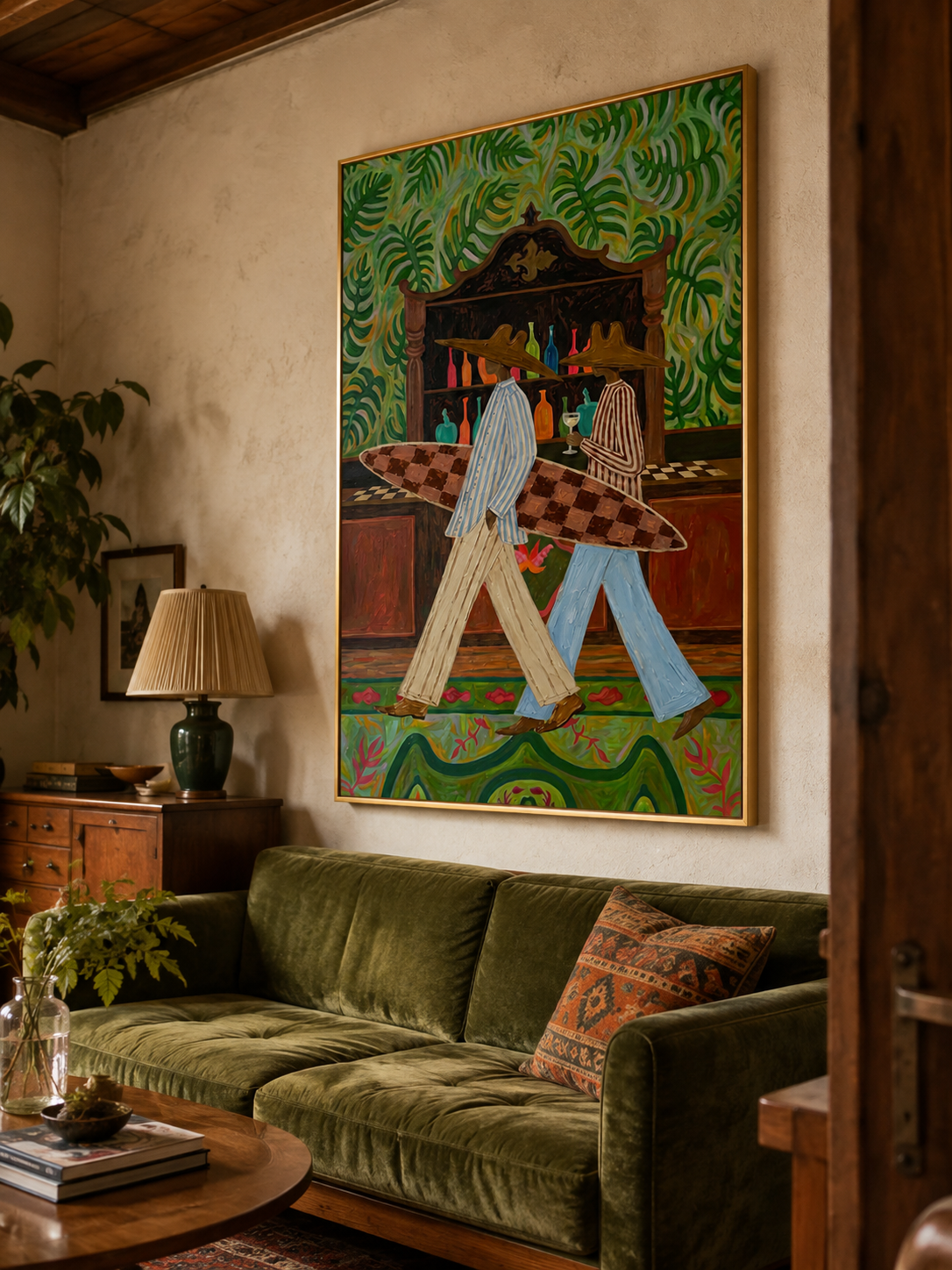 Vintage Tropical Surfboard Painting For Coastal Wall Decor With Retro Folk Art Style