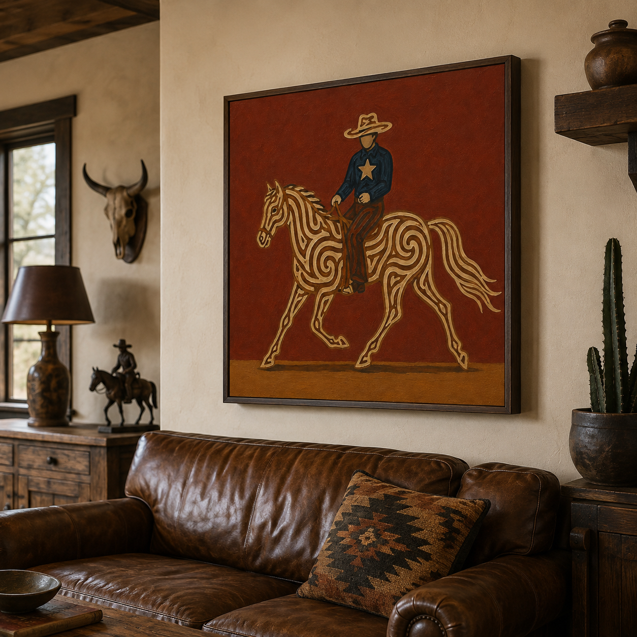 Cowboy Riding Horse Art , Western Ranch Horse Painting, Classic Cowboy Wall For Living Room Decor