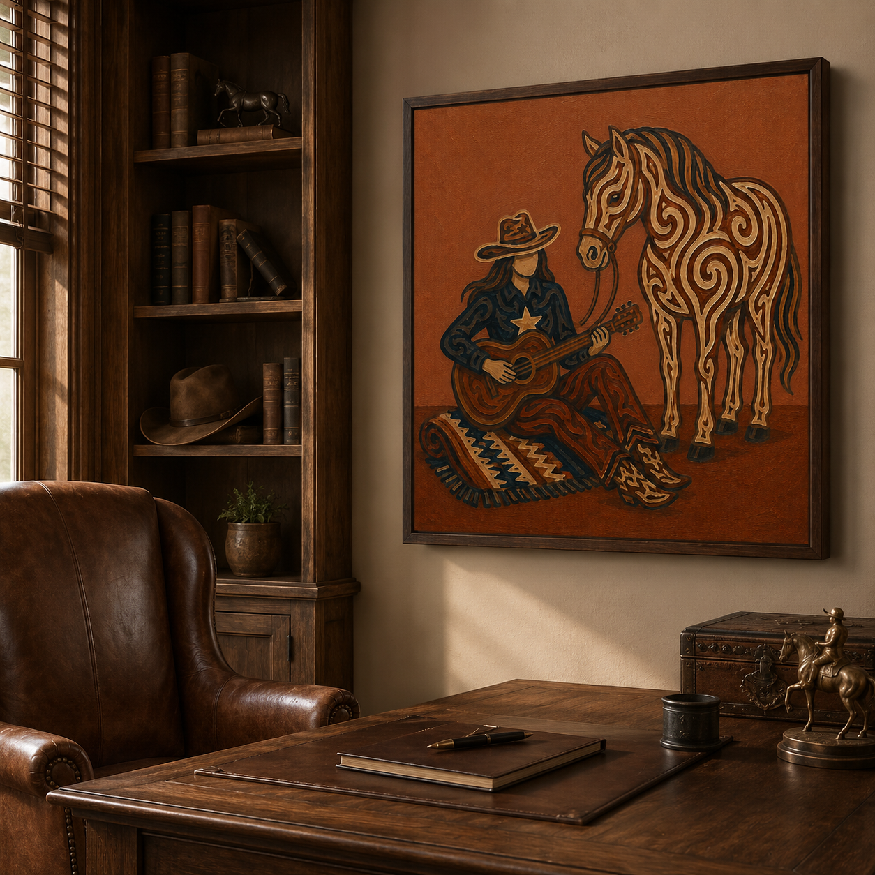 Cowgirl With Horse Guitar Art, Western Music And Horse Painting, Rustic Ranch Style For Living Room Decor