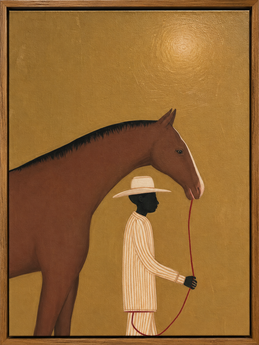 Warm Ochre Decor Figurative Art Man Leading Horse Original Oil Painting Style