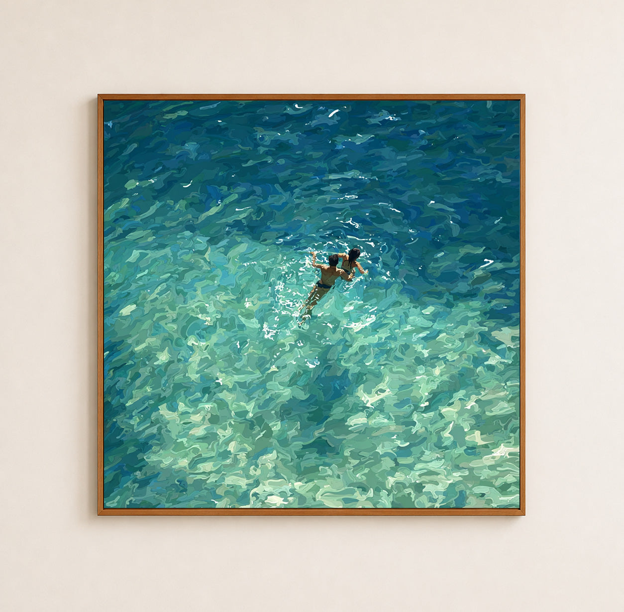 Couple Swimming In Clear Sea Oil Painting Modern Beach Wall Art For Living Room Decor