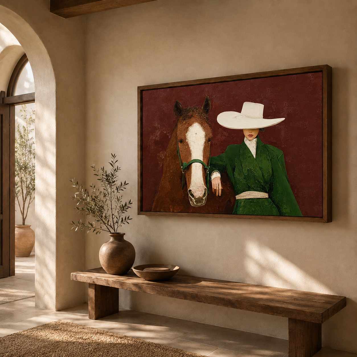 Elegant Woman With Horse Painting In Green Coat And Crimson Background For Living Room Decor