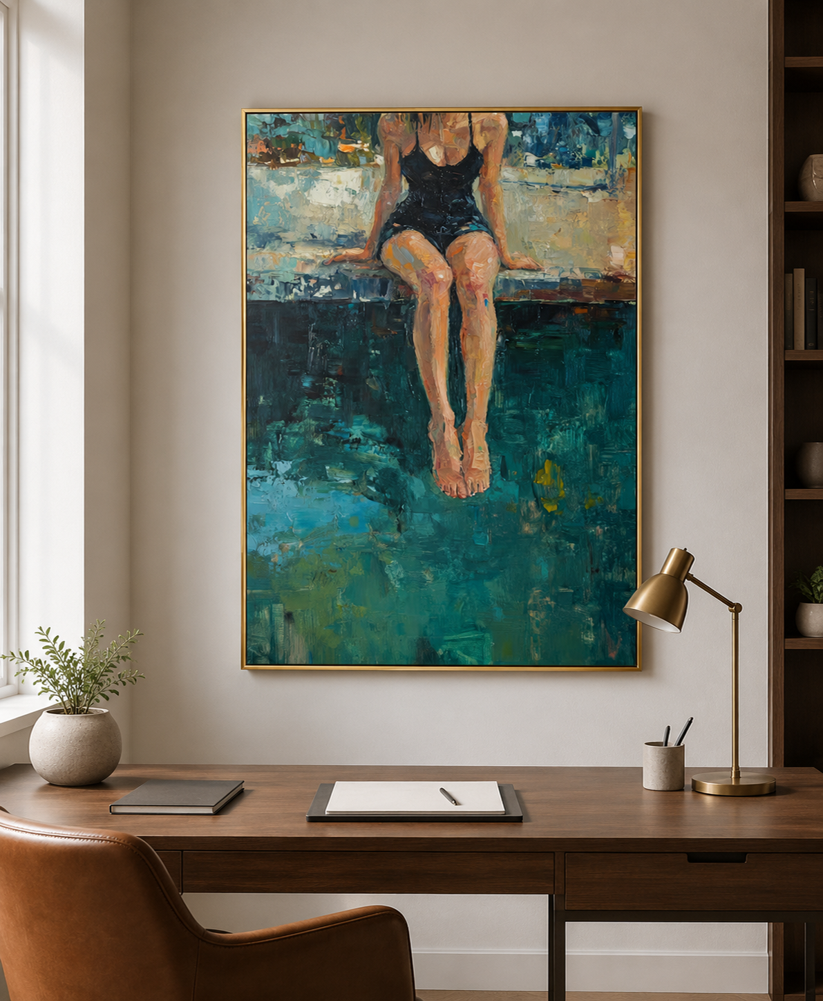 Original Figurative Oil Painting Of Woman By Pool With Rich Green Tones For Modern Home Decor