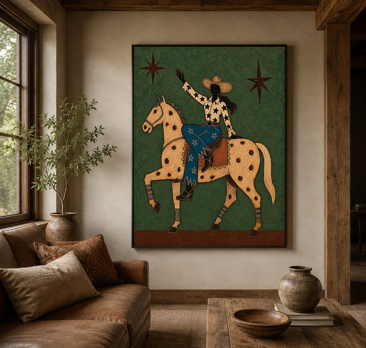 Cowgirl And Horse Canvas Painting With Star Pattern In Green
