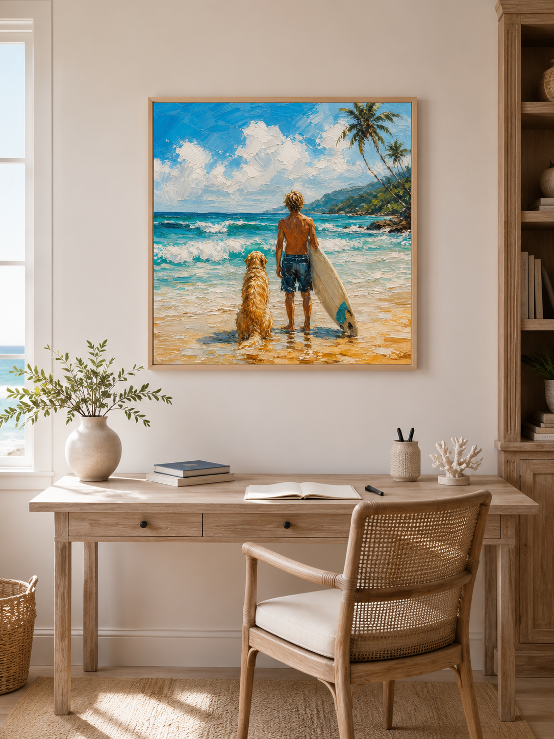 Surfer And Dog Beach Painting Textured Oil Art For Coastal Home Decor