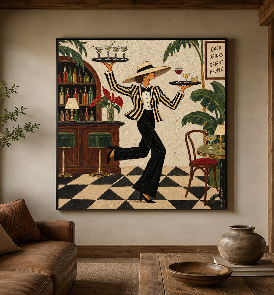 Vintage Waitress Canvas Painting With Cocktails And Tropical Bar Scene