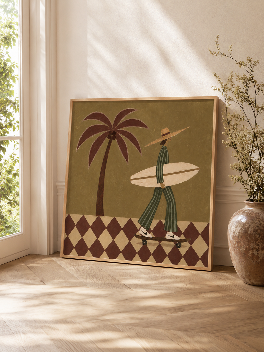 Vintage Surfer Girl Painting With Palm Tree And Checkerboard Pattern For Modern Home Decor