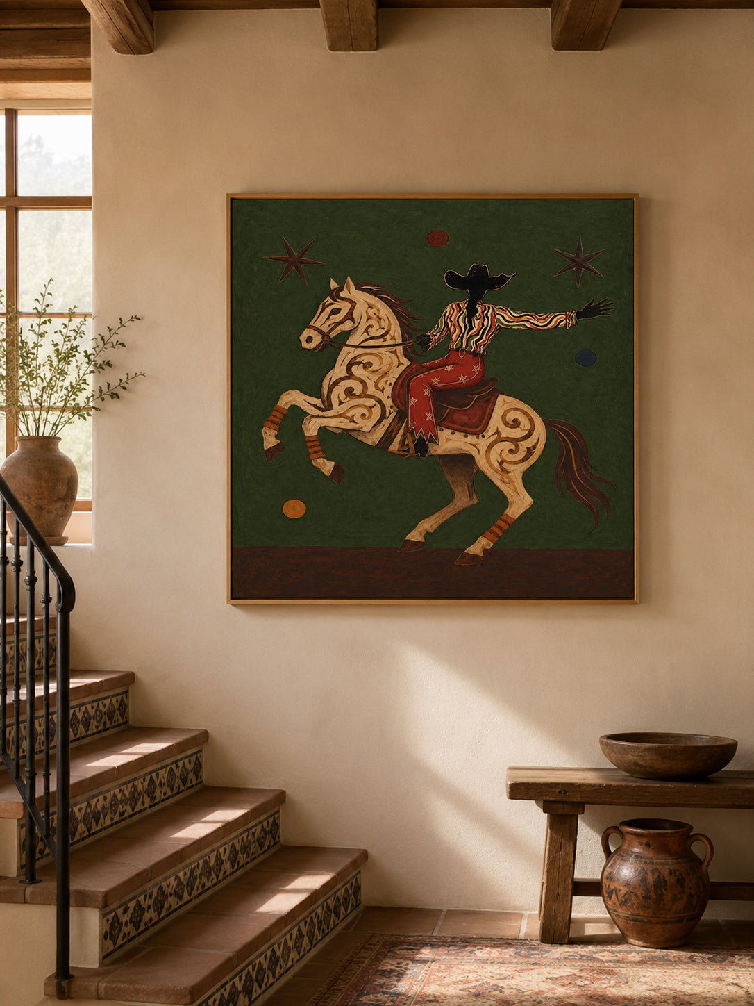 Cowboy And Horse Canvas Painting With Green Background Original Art