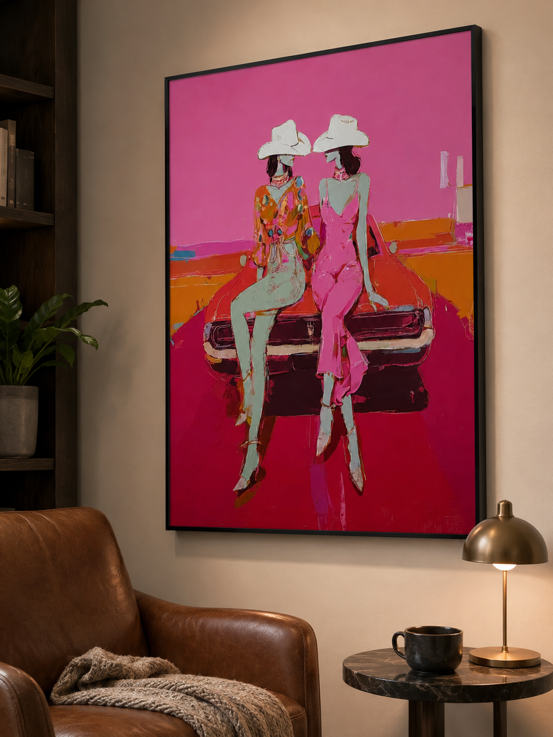 Vibrant Pop Art Painting Of Women In Cowboy Hats With Classic Car For Modern Living Room Wall Decor