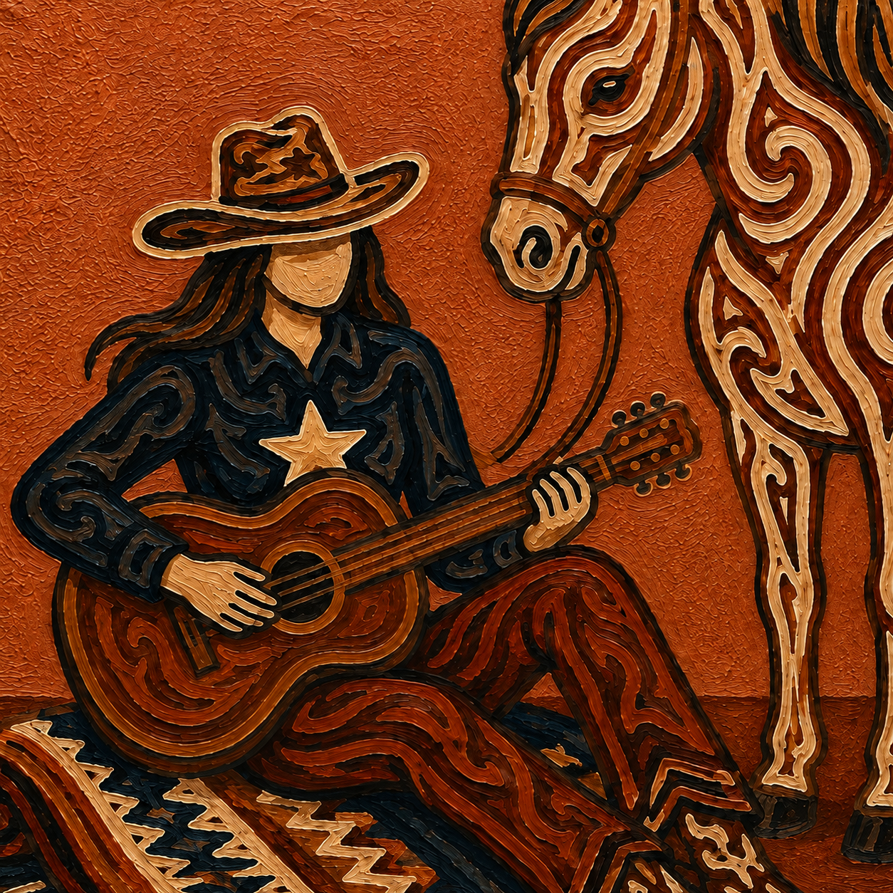 Cowgirl With Horse Guitar Art, Western Music And Horse Painting, Rustic Ranch Style For Living Room Decor