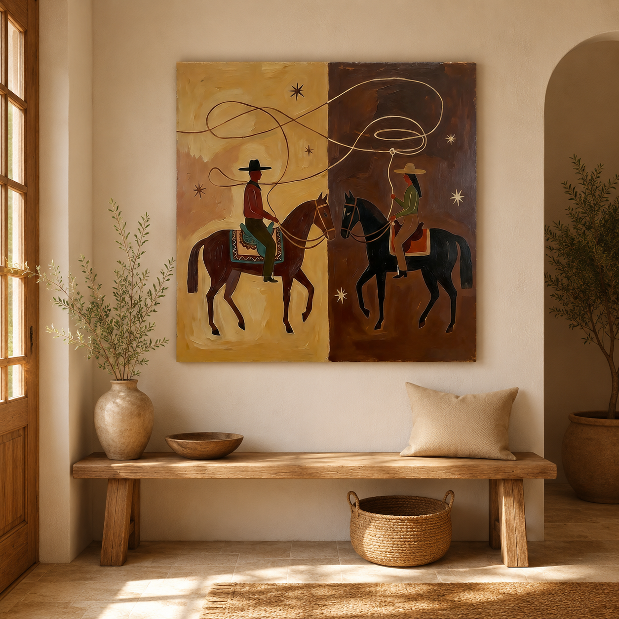 Western Cowboy Horse Painting Earthy Tones Modern Wall Art For Living Room