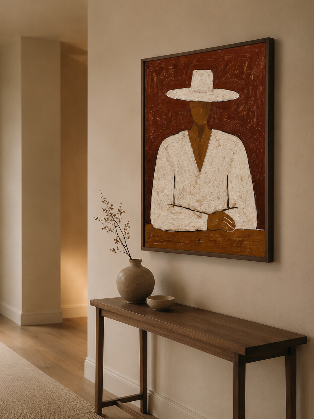 Minimalist Man In White Hat Original Oil Painting For Modern Living Room Decor