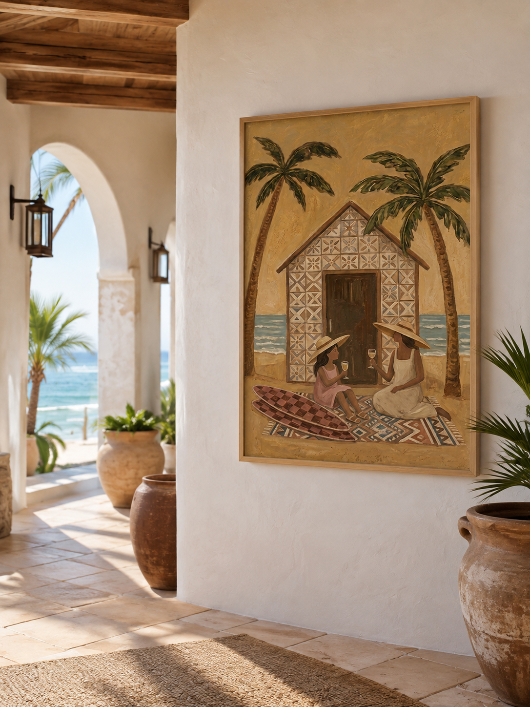 Bohemian Beach Art With Palm Trees And Mother Daughter Scene For Coastal Home Wall Decor