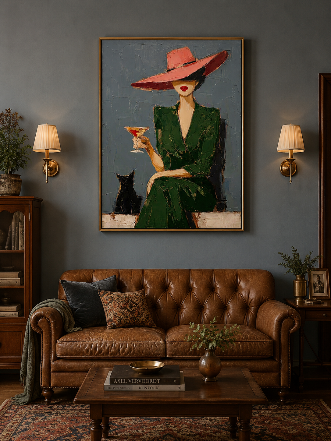 Stylish Woman In Green Dress With Red Hat Oil Painting For Modern Dining Room Wall Art Decor