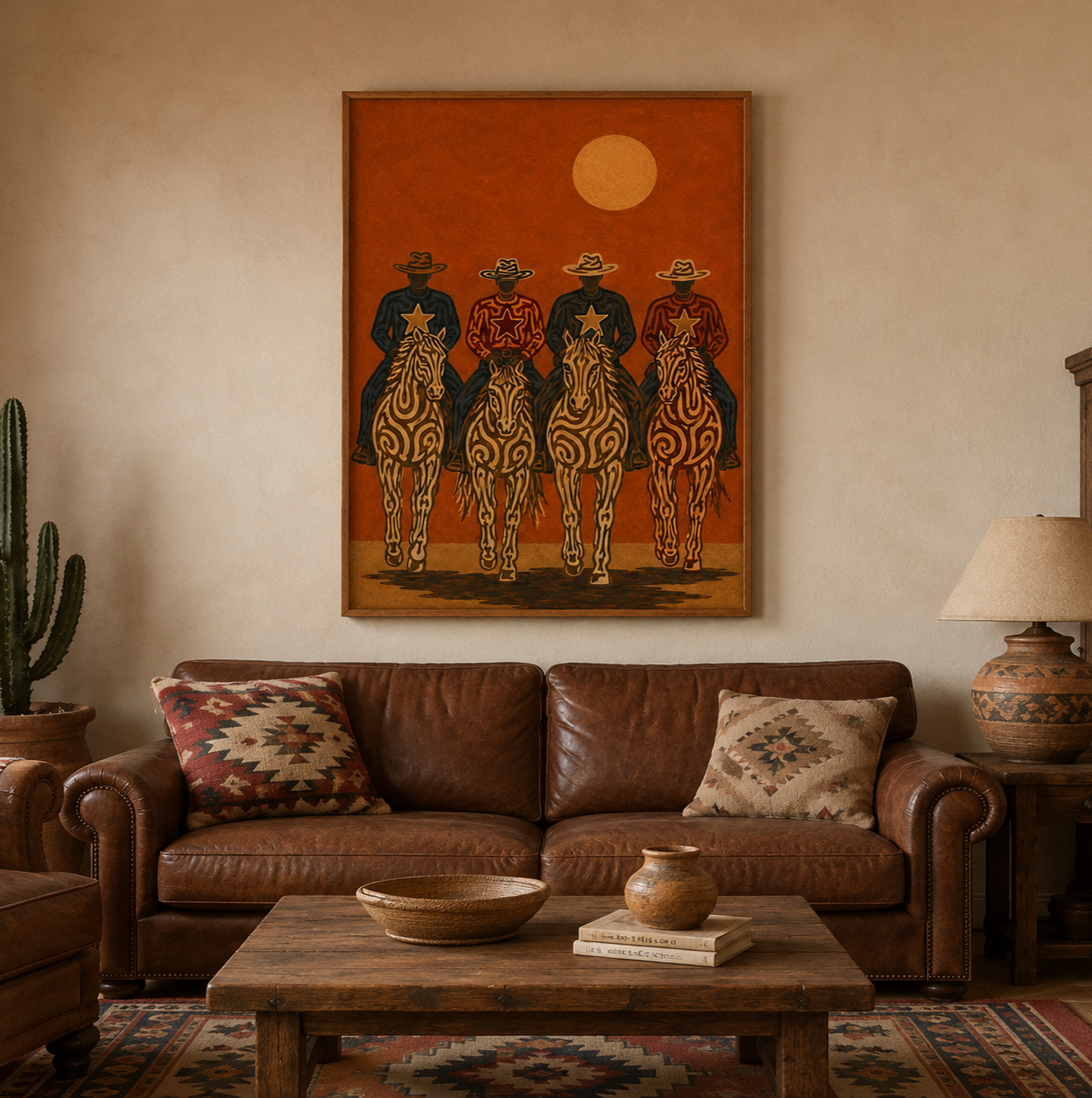 Cowboy Riders Oil Painting, Burnt Orange Western Wall Art, Rodeo Ranch Hand Painted Decor