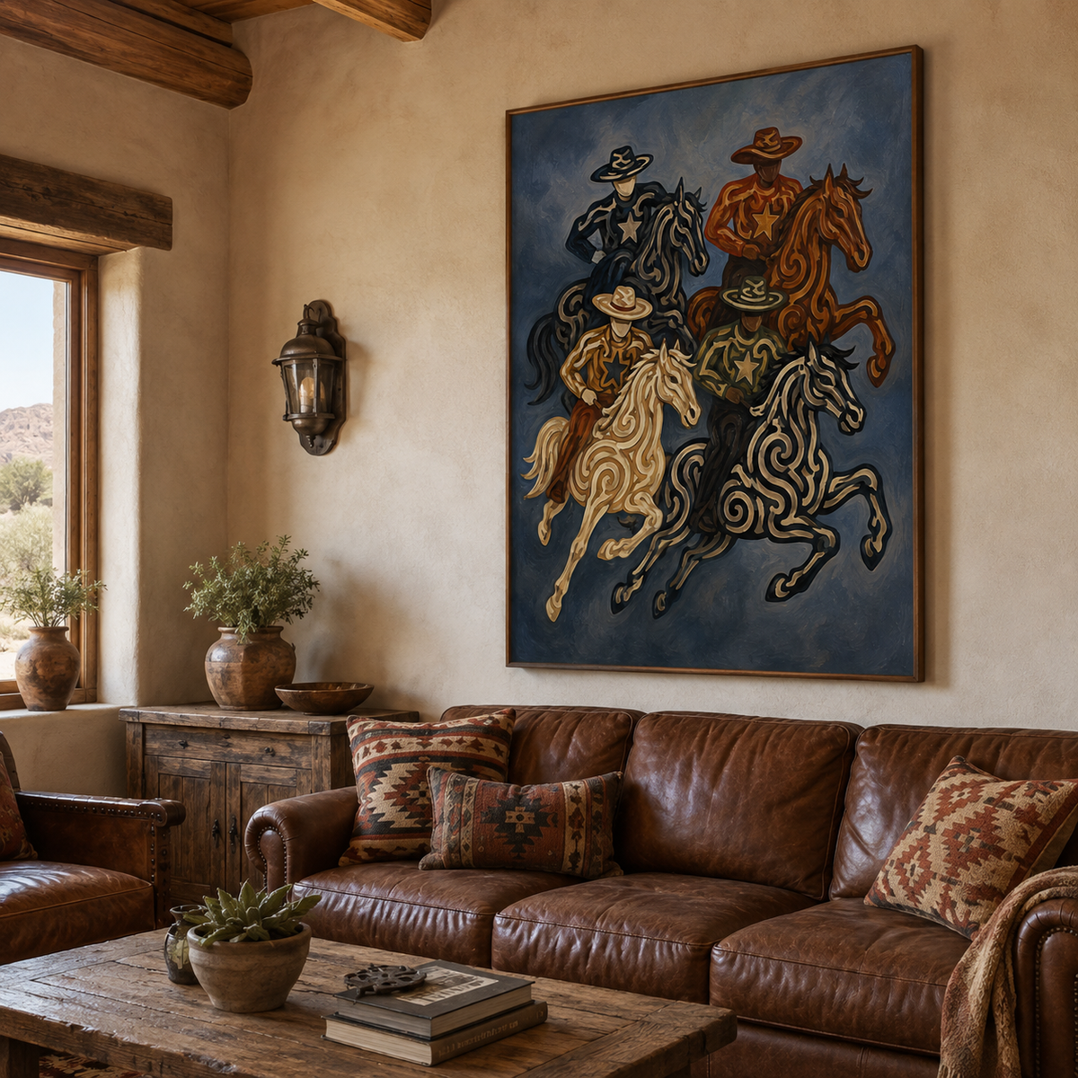 Cowboy And Horse Painting Hand-Painted Navy Blue Western Canvas Art