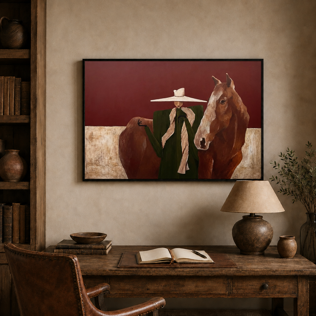 Vintage Woman And Horse Painting With Hat Earthy Tones Square Canvas Wall Art For Living Room