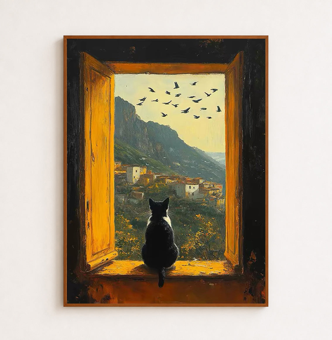 Black Cat Art, Cat Oil Painting, Window View Art, Mountain Village Painting, Cozy Home Decor
