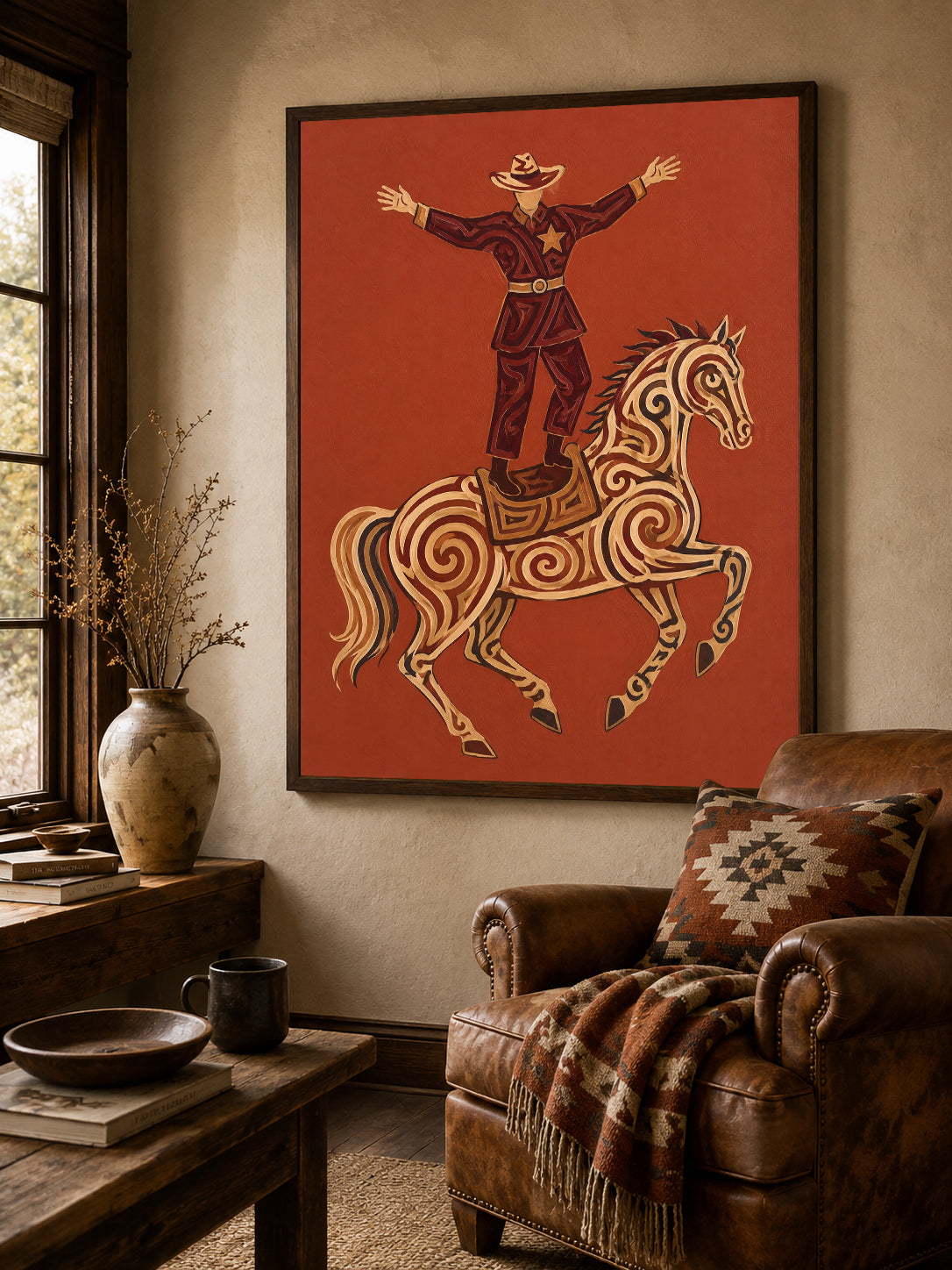 Western Cowboy Painting, Ornate Horse, Southwestern Folk Wall Art, Rustic Ranch Decor