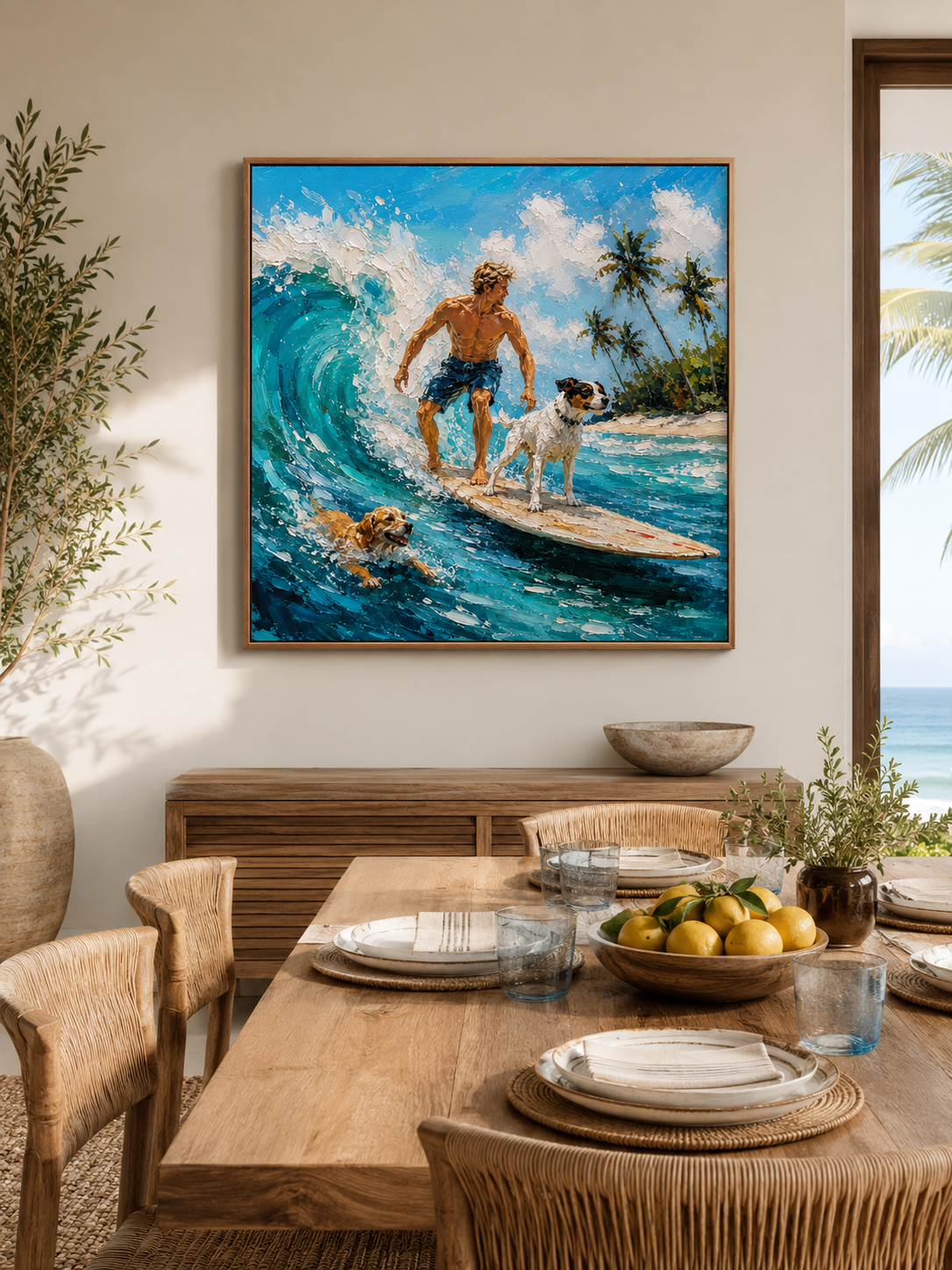 Surfer And Dogs Painting For Boys Room Beach Themed Wall Art Decor