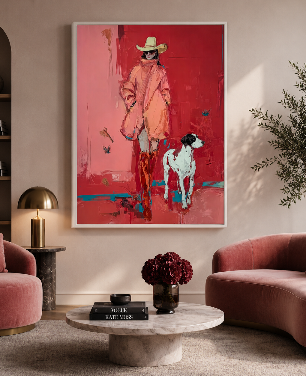Bold Red Fashion Figure With Dog Original Oil Painting For Modern Home Decor