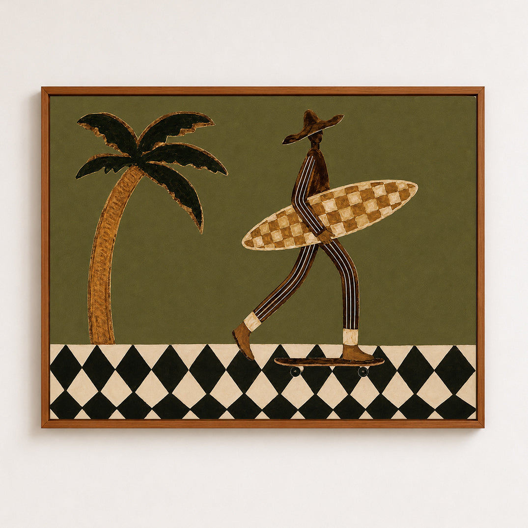 Retro Surf Art Print With Palm Tree And Checkerboard Pattern For Modern Home