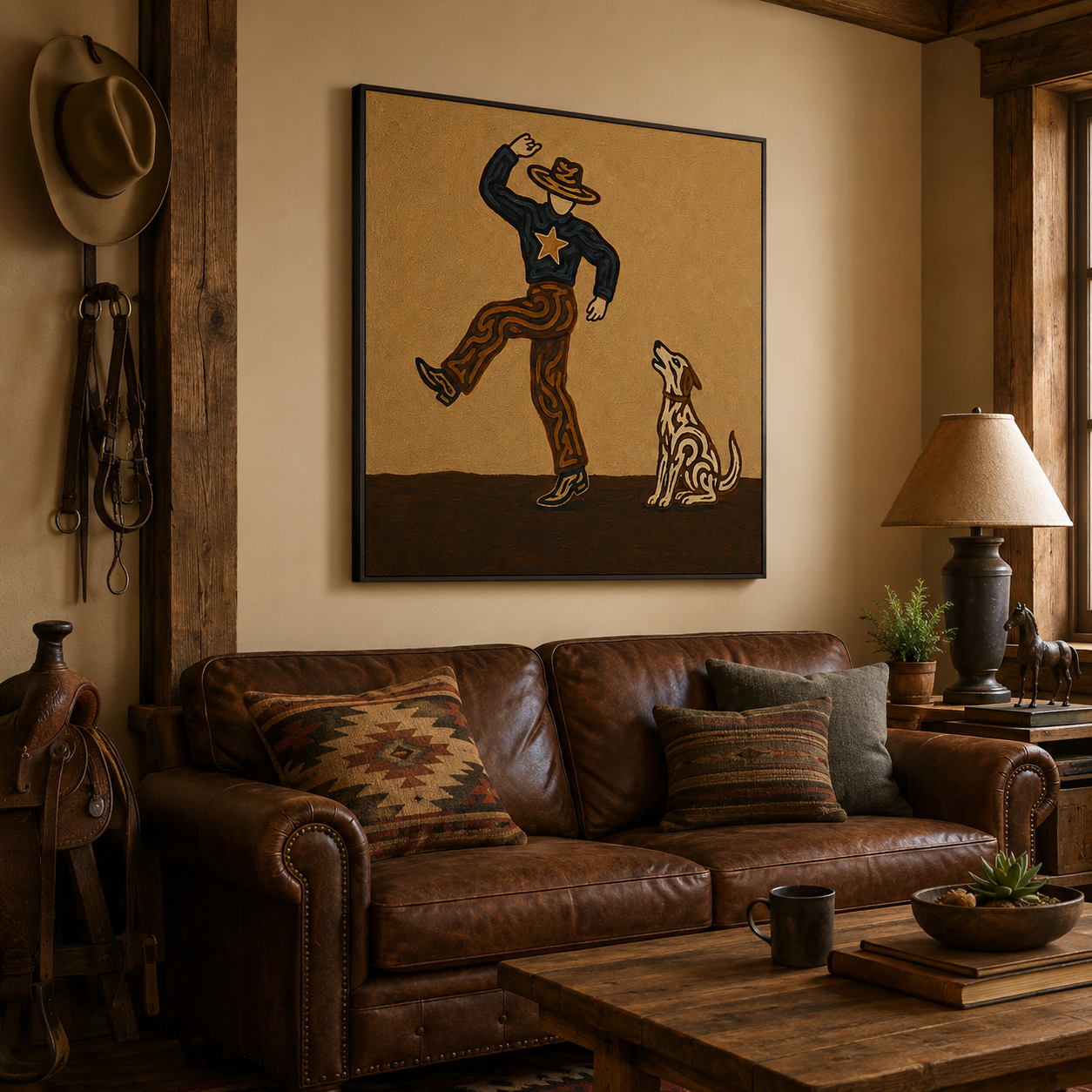 Dancing Cowboy And Dog Painting Retro Western Decor For Living Room