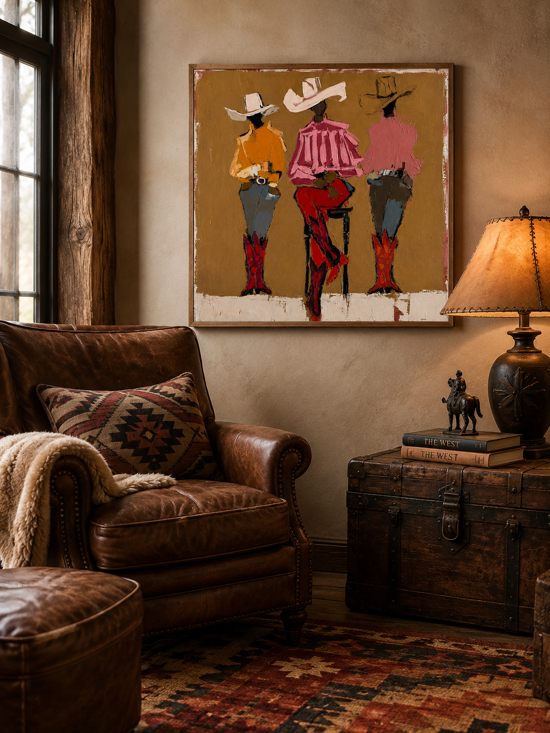 Three Cowgirls Figure Painting Retro Western Art With Textured Brushstrokes For Home Wall