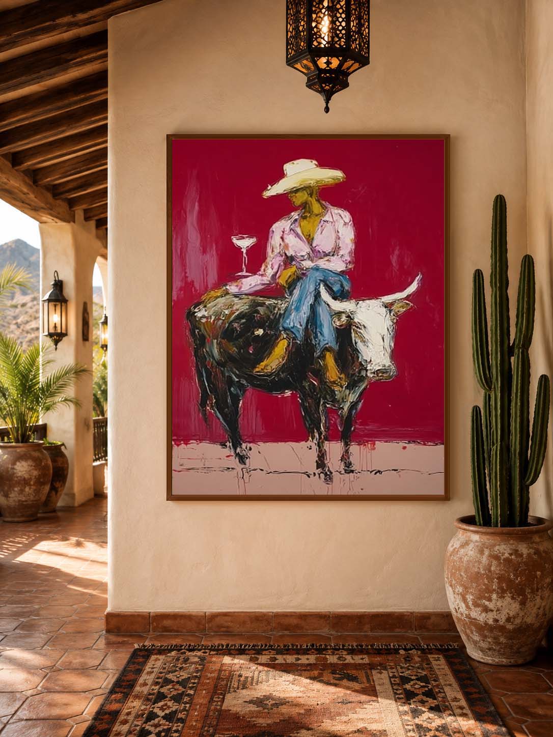 Cowgirl Wall Decor Cowgirl On Longhorn Hand-Painted Oil Painting In Deep Red | Western Wall Art