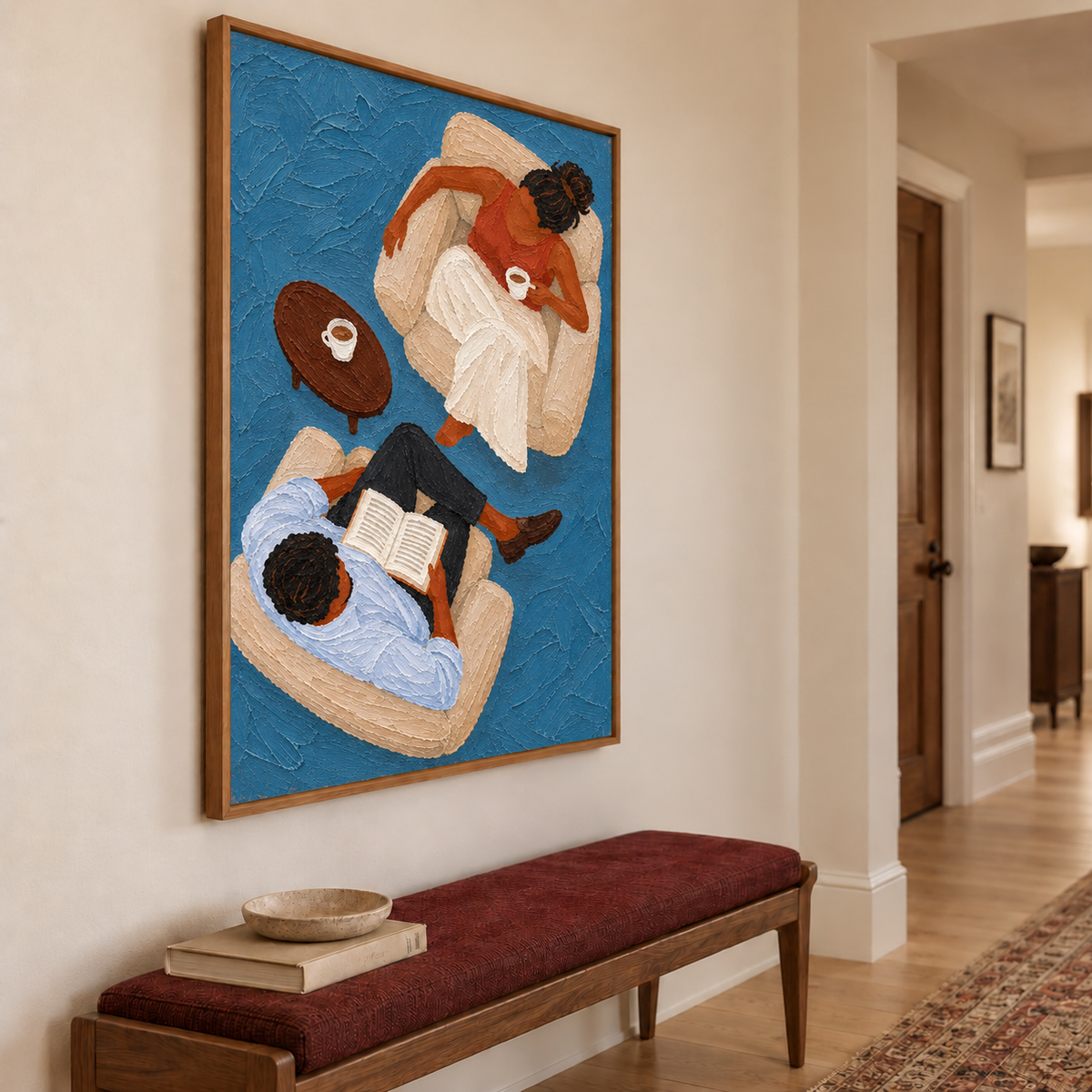 Couple Reading With Coffee Hand-Painted Canvas Art In Blue And Brown Tones