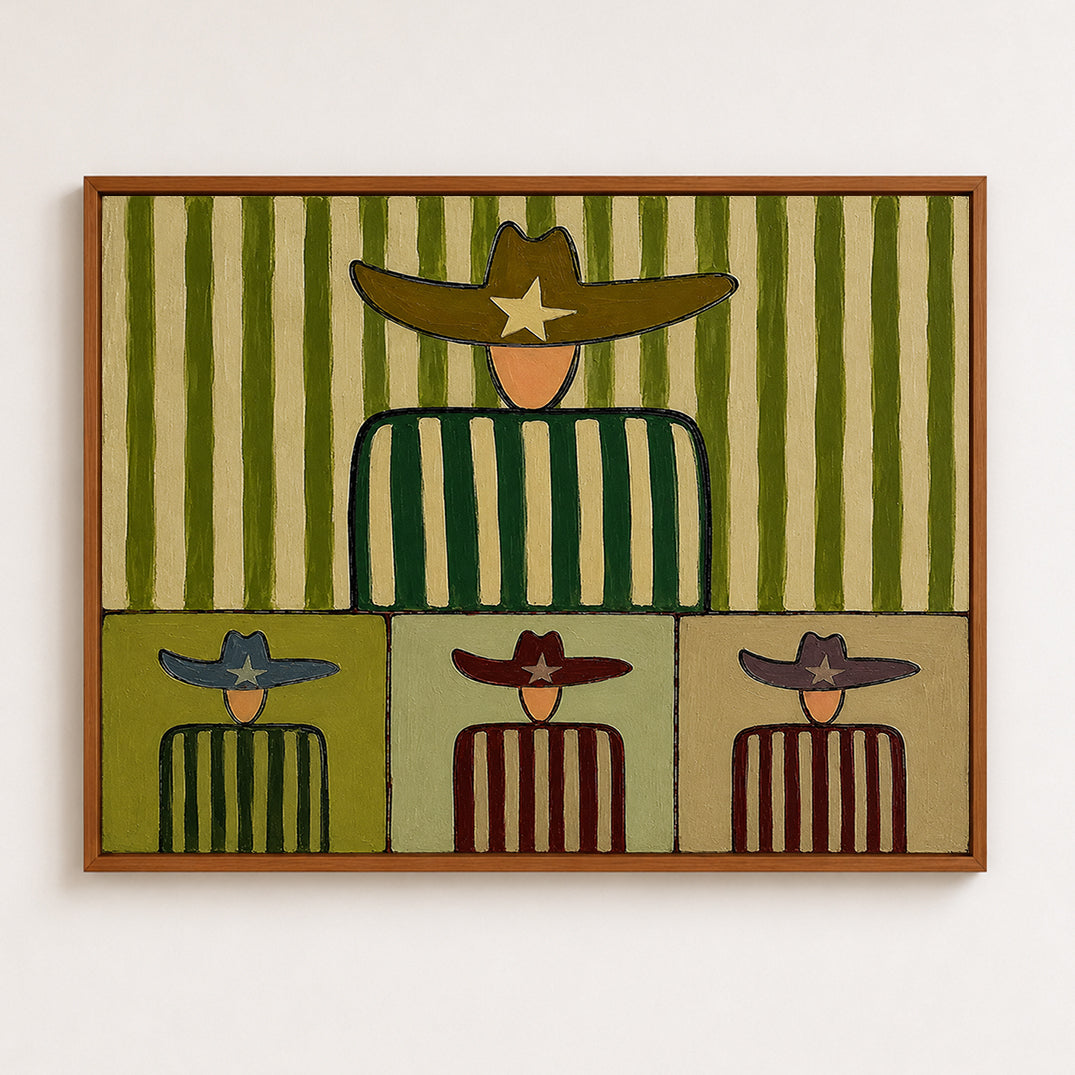 Whimsical Western Folk Art Painting With Cowboy Figures In Green Stripes For Modern Home Decor