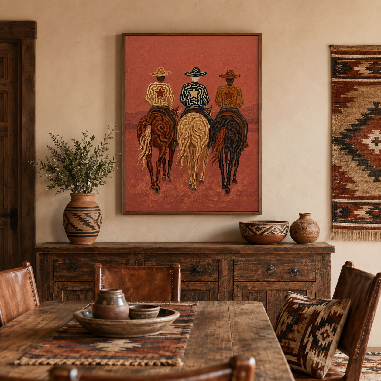 Pink Western Cowboys Painting, Desert Horse Riders, Southwestern Landscape Wall Art
