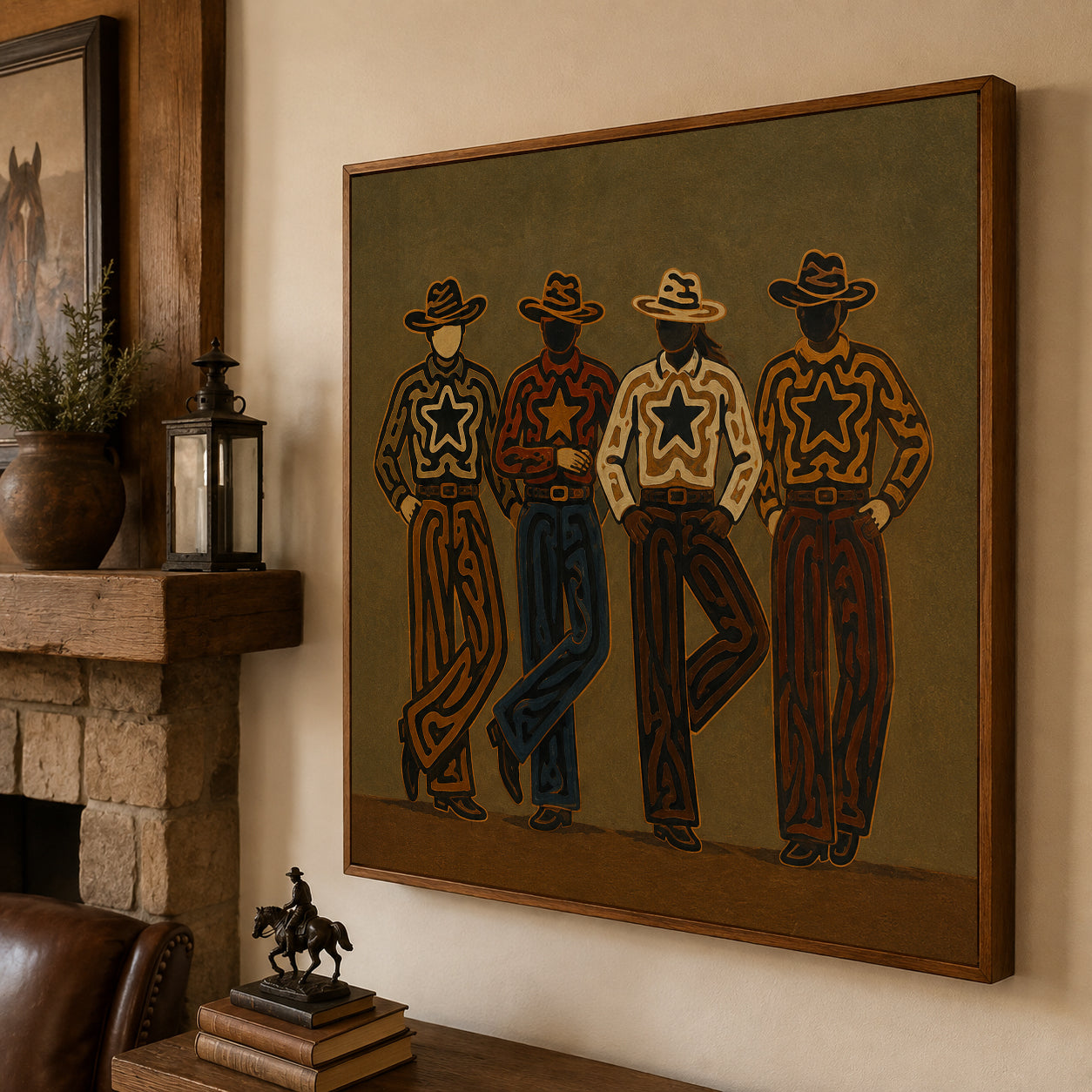 Four Cowboys Painting, Western Folk Art, Rustic Ranch Portrait Wall Decor For Living Room Decor