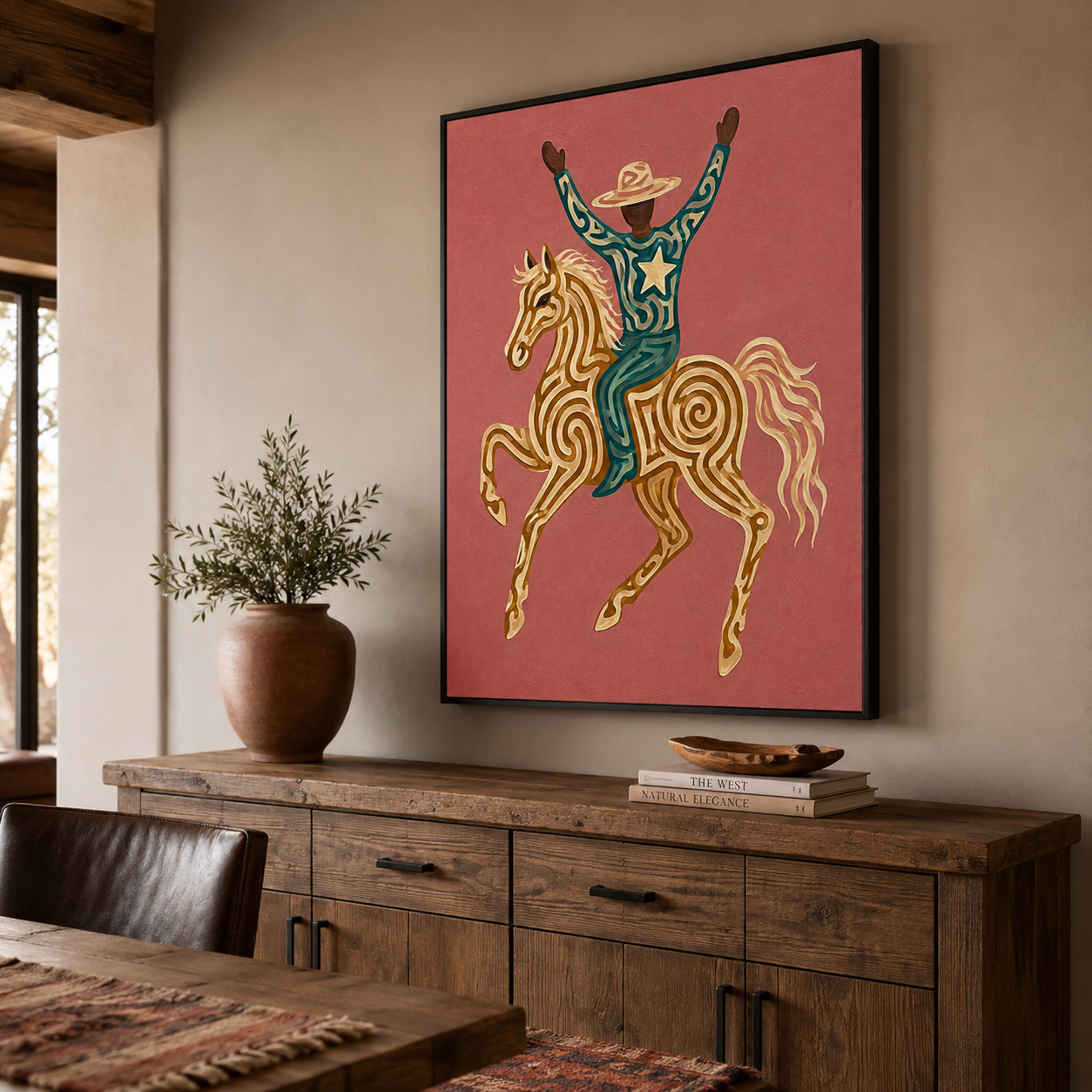 Modern Western Wall Art, Cowboy On Horse Canvas , Pink Background Wild West Painting