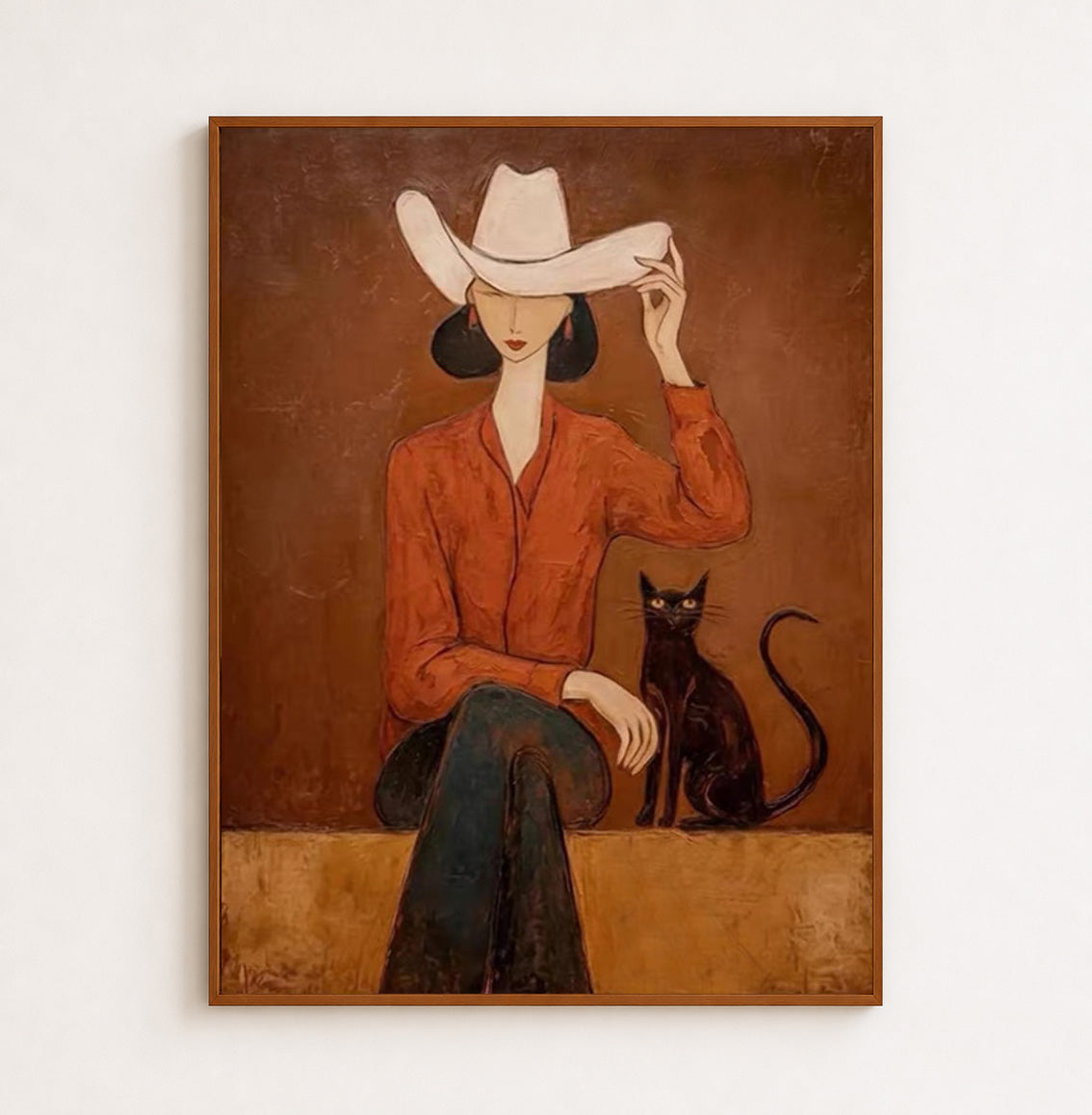 Modern Western Woman Oil Painting With Black Cat In Earthy Tones For Living Room Decor
