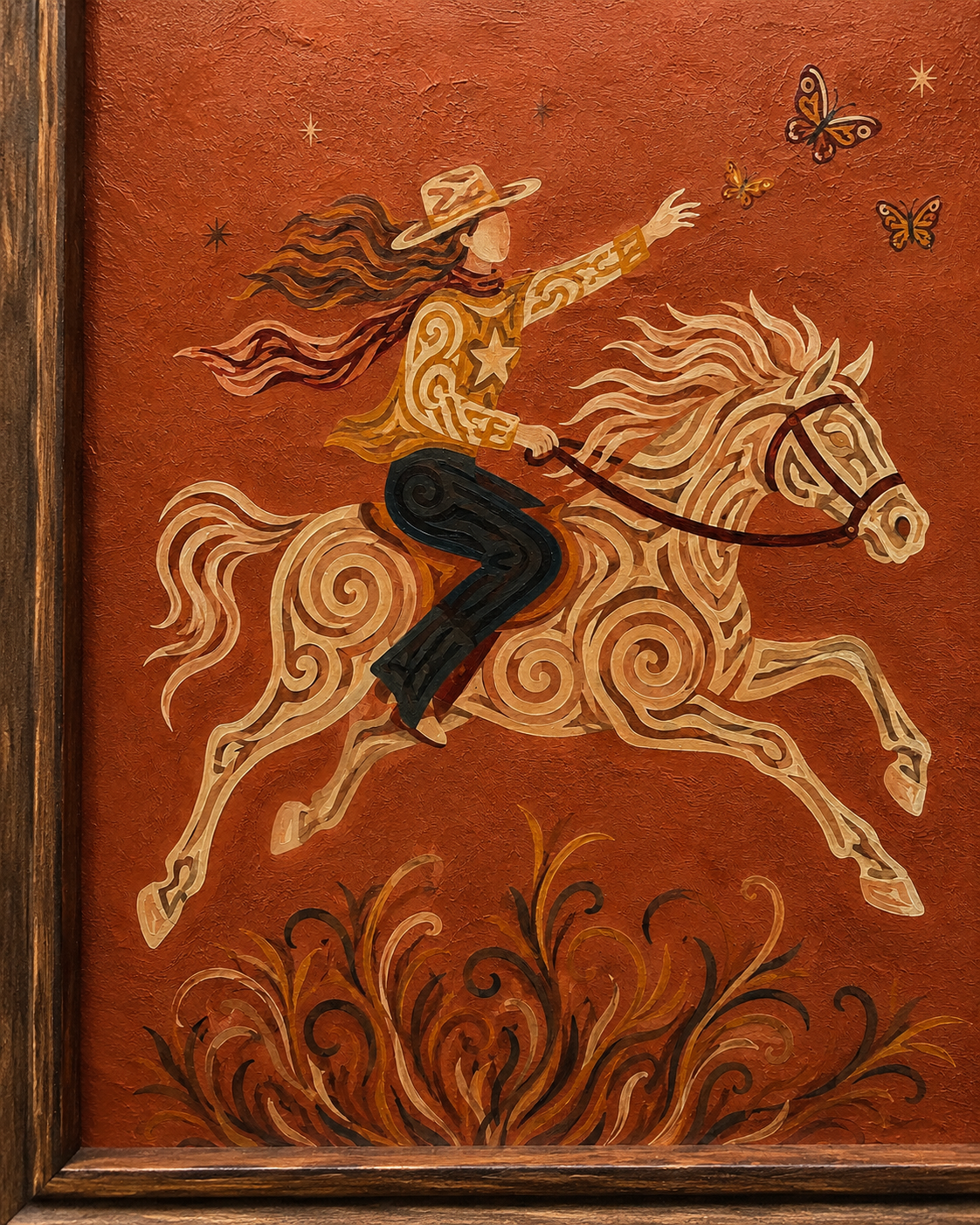 Cowgirl Riding Horse Canvas Painting Hand-Painted Western Art With Butterflies