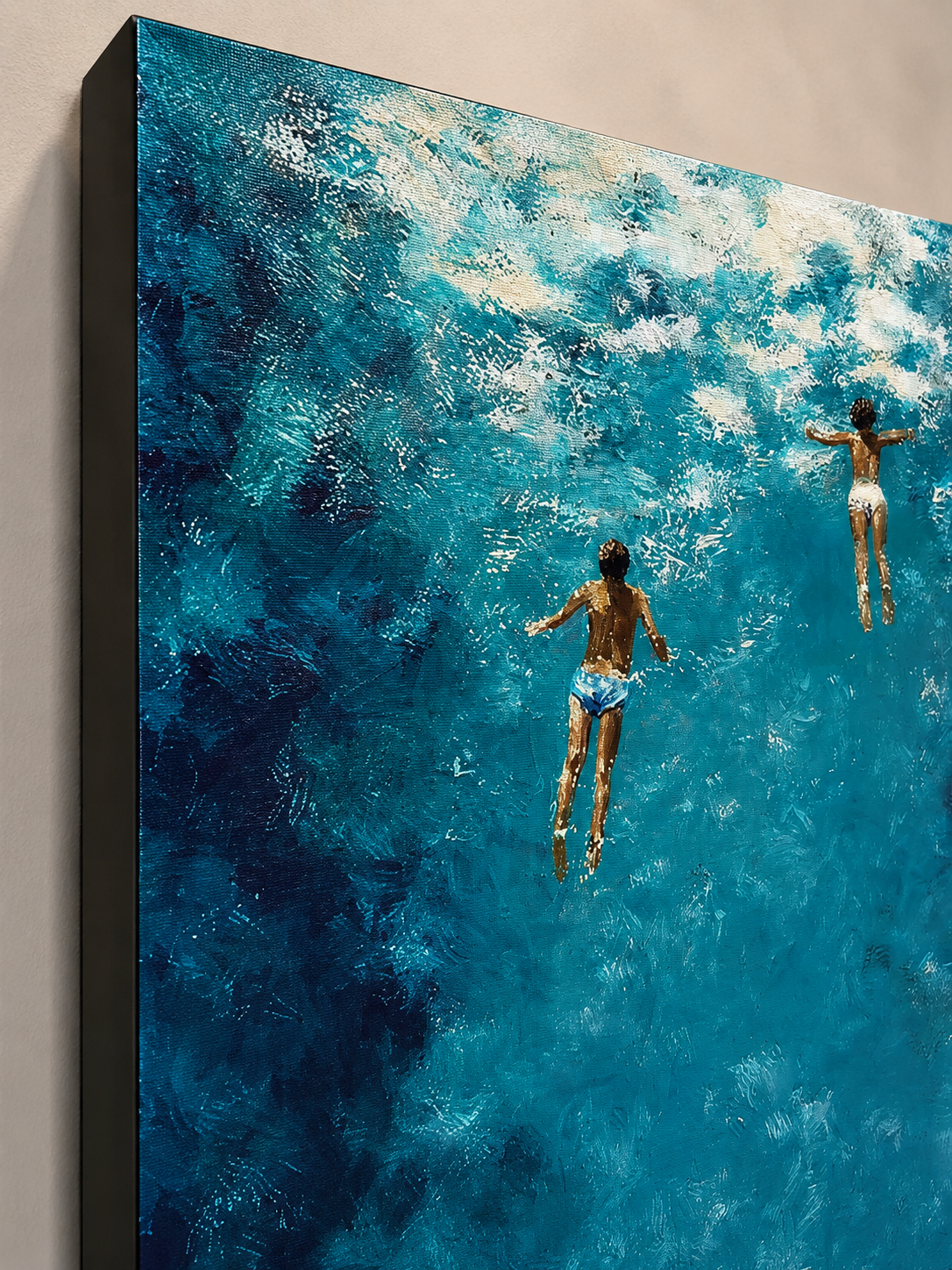 Hand Painted Ocean Oil Painting With Swimmers In Blue Water For Coastal Home Decor